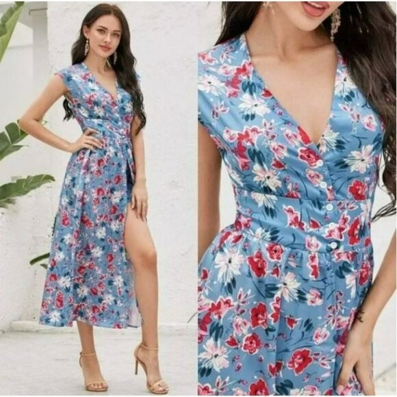 Zara Blue Floral Jumpsuit Dress Small - Picture 1 of 16